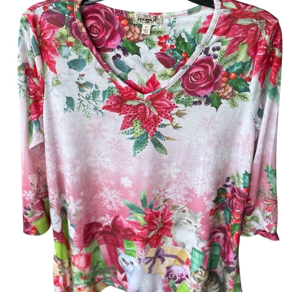 OneWorld Women's Floral Christmas/Cat Print V-Neck 3/4 Sleeve Top M - Picture 3 of 5